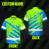 Hi Vis Hawaiian Shirt Reflective Green And Blue American Flag Custom Name Safety Workwear For Workers, Truckers, Operators