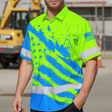 Hi Vis Hawaiian Shirt Reflective Green And Blue American Flag Custom Name Safety Workwear For Workers, Truckers, Operators