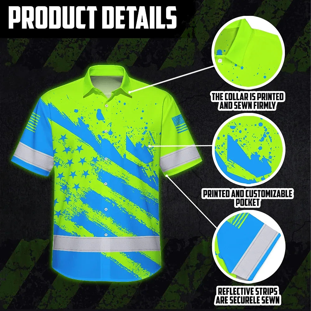 Hi Vis Hawaiian Shirt Reflective Green And Blue American Flag Custom Name Safety Workwear For Workers, Truckers, Operators