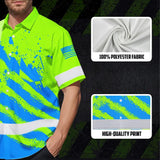 Hi Vis Hawaiian Shirt Reflective Green And Blue American Flag Custom Name Safety Workwear For Workers, Truckers, Operators