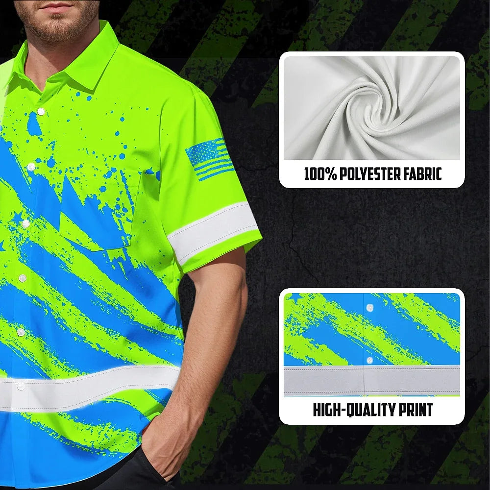Hi Vis Hawaiian Shirt Reflective Green And Blue American Flag Custom Name Safety Workwear For Workers, Truckers, Operators