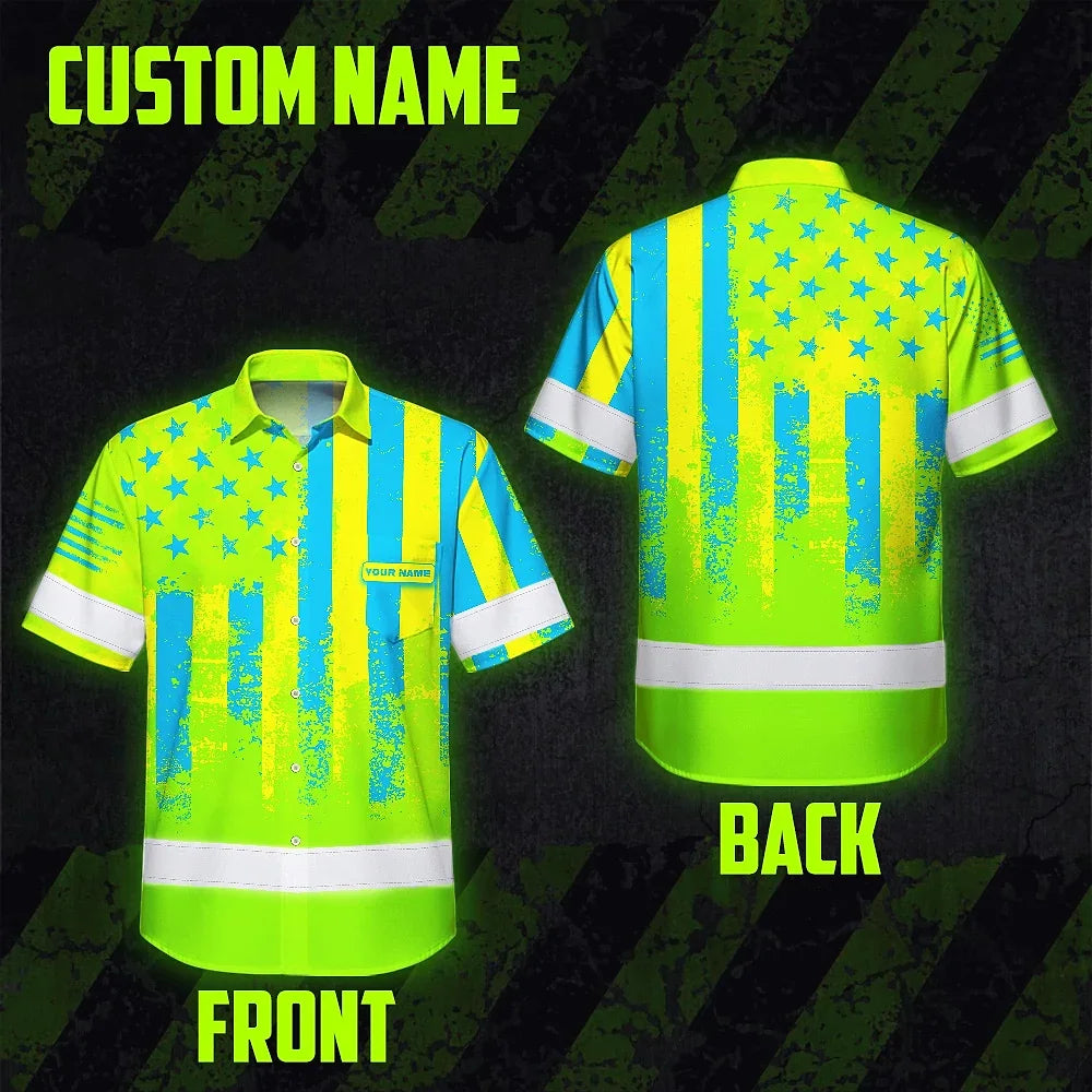 Hi Vis Hawaiian Shirt Reflective Green And Blue American Flag Custom Name Safety Workwear For Workers, Truckers, Patriotic