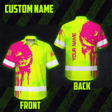 Hi Vis Hawaiian Shirt Reflective Green And Orange Skull Custom Name Safety Workwear For Runners, Cyclists, Skull Lover