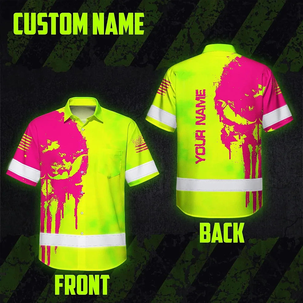 Hi Vis Hawaiian Shirt Reflective Green And Orange Skull Custom Name Safety Workwear For Runners, Cyclists, Skull Lover