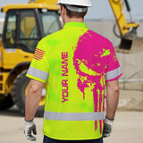 Hi Vis Hawaiian Shirt Reflective Green And Orange Skull Custom Name Safety Workwear For Runners, Cyclists, Skull Lover