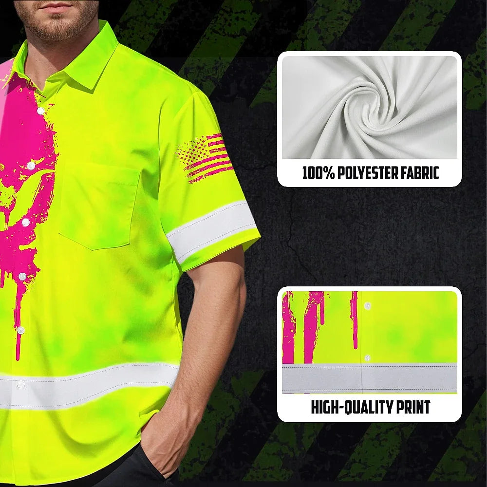 Hi Vis Hawaiian Shirt Reflective Green And Orange Skull Custom Name Safety Workwear For Runners, Cyclists, Skull Lover