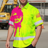 Hi Vis Hawaiian Shirt Reflective Green And Orange Skull Custom Name Safety Workwear For Runners, Cyclists, Skull Lover