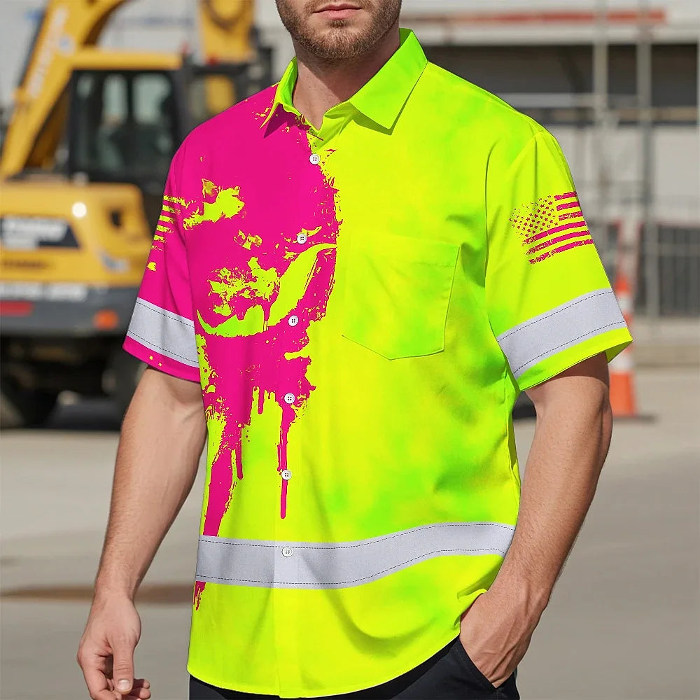 Hi Vis Hawaiian Shirt Reflective Green And Orange Skull Custom Name Safety Workwear For Runners, Cyclists, Skull Lover