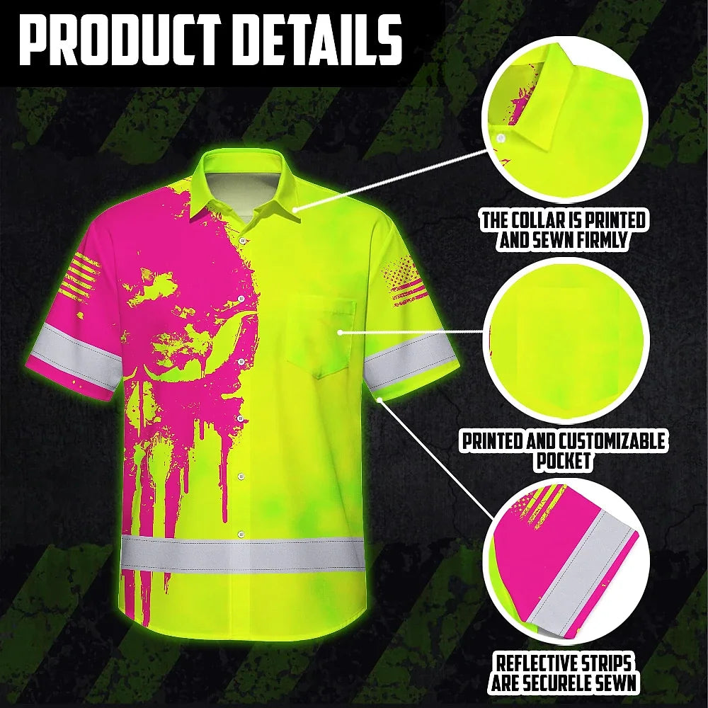 Hi Vis Hawaiian Shirt Reflective Green And Orange Skull Custom Name Safety Workwear For Runners, Cyclists, Skull Lover