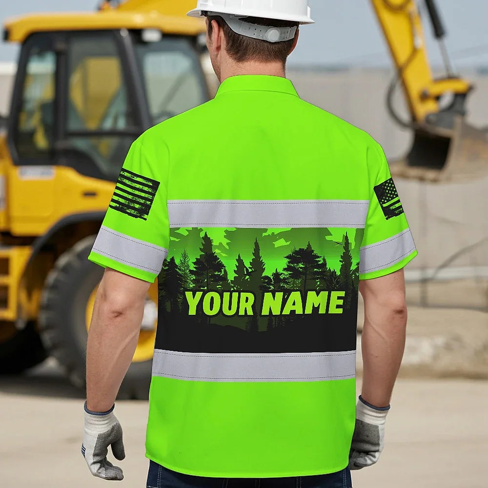 Hi Vis Hawaiian Shirt Reflective Green Eagle USA Flag Custom Name Safety Workwear