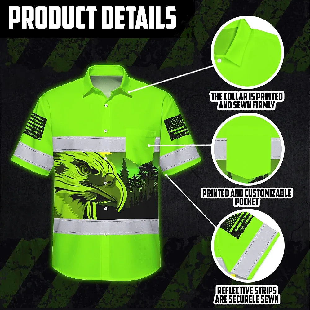 Hi Vis Hawaiian Shirt Reflective Green Eagle USA Flag Custom Name Safety Workwear
