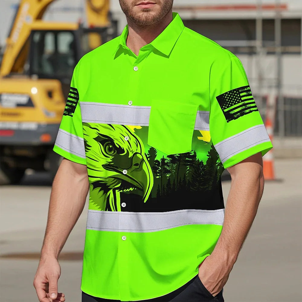 Hi Vis Hawaiian Shirt Reflective Green Eagle USA Flag Custom Name Safety Workwear
