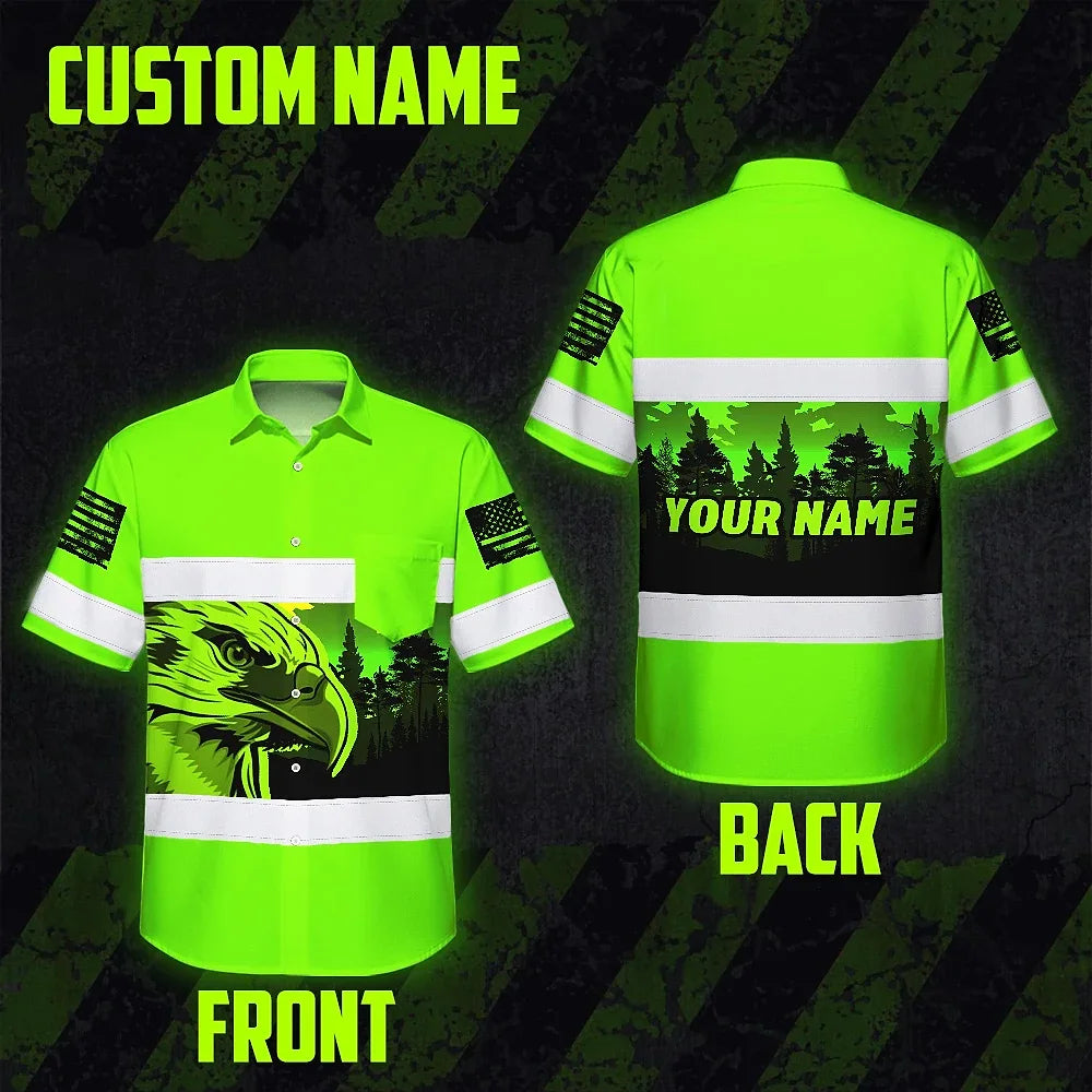Hi Vis Hawaiian Shirt Reflective Green Eagle USA Flag Custom Name Safety Workwear