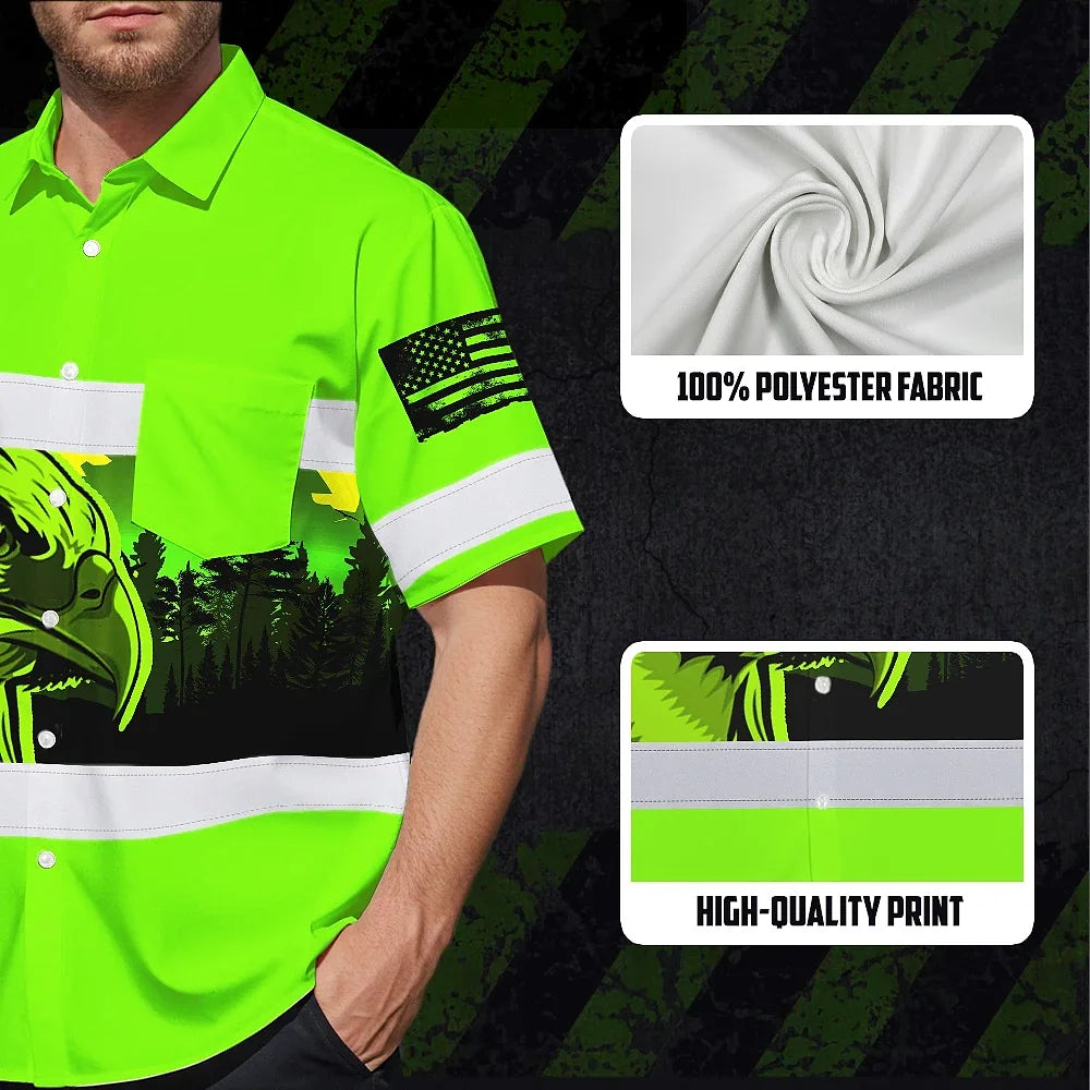 Hi Vis Hawaiian Shirt Reflective Green Eagle USA Flag Custom Name Safety Workwear