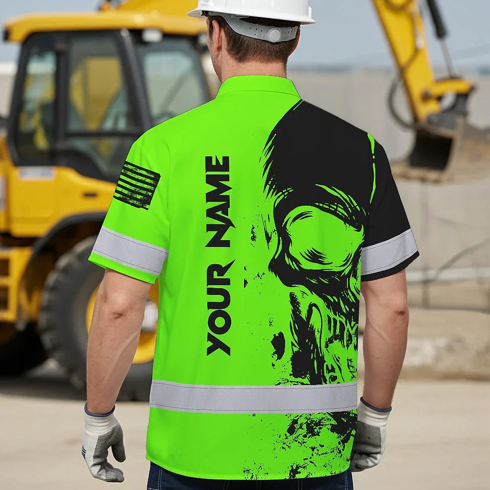 Hi Vis Hawaiian Shirt Reflective Green Neon And Black Skull Custom Name Safety Workwear For Runners, Skull Lover