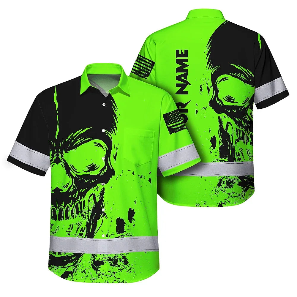 Hi Vis Hawaiian Shirt Reflective Green Neon And Black Skull Custom Name Safety Workwear For Runners, Skull Lover