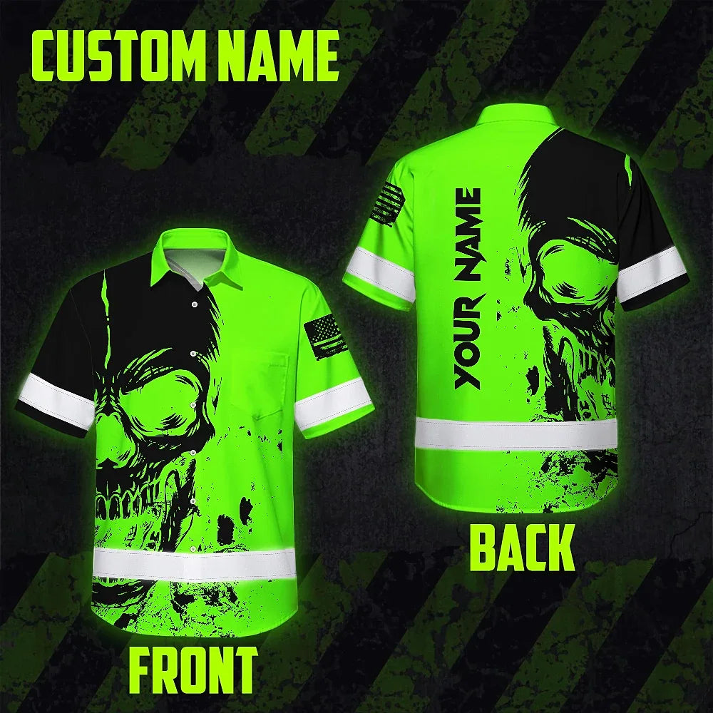 Hi Vis Hawaiian Shirt Reflective Green Neon And Black Skull Custom Name Safety Workwear For Runners, Skull Lover