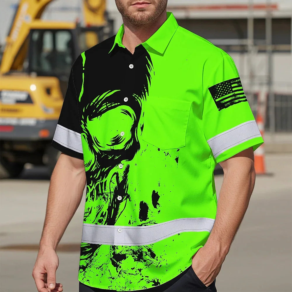 Hi Vis Hawaiian Shirt Reflective Green Neon And Black Skull Custom Name Safety Workwear For Runners, Skull Lover