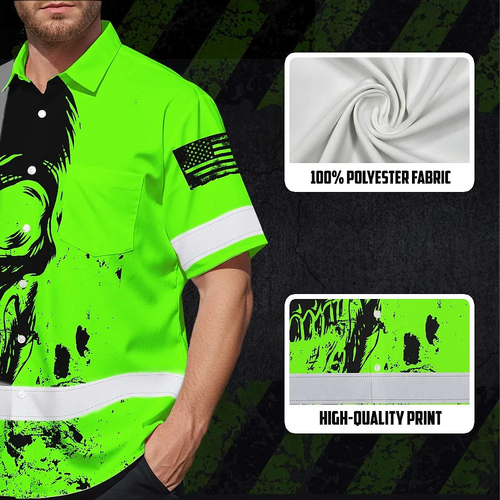 Hi Vis Hawaiian Shirt Reflective Green Neon And Black Skull Custom Name Safety Workwear For Runners, Skull Lover