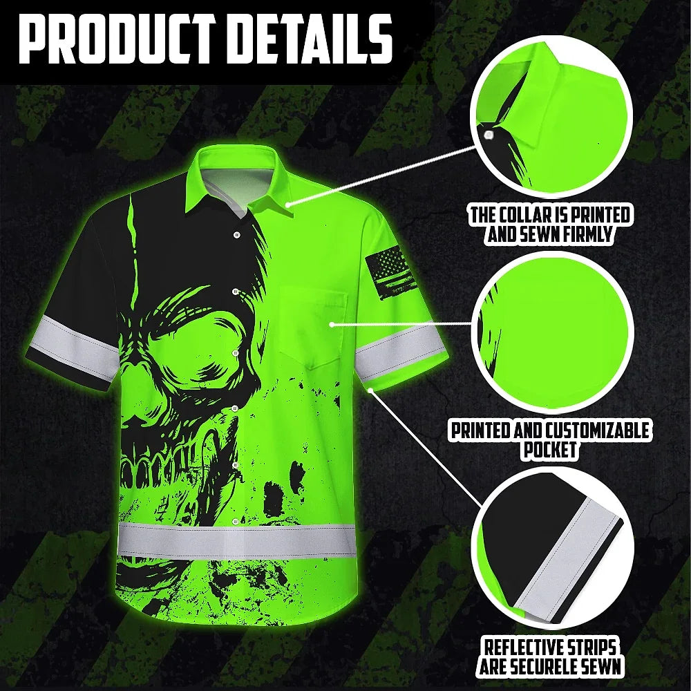 Hi Vis Hawaiian Shirt Reflective Green Neon And Black Skull Custom Name Safety Workwear For Runners, Skull Lover