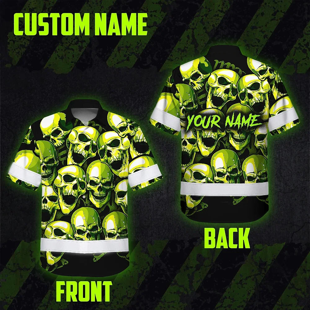 Hi Vis Hawaiian Shirt Reflective Green Neon Skull Custom Name