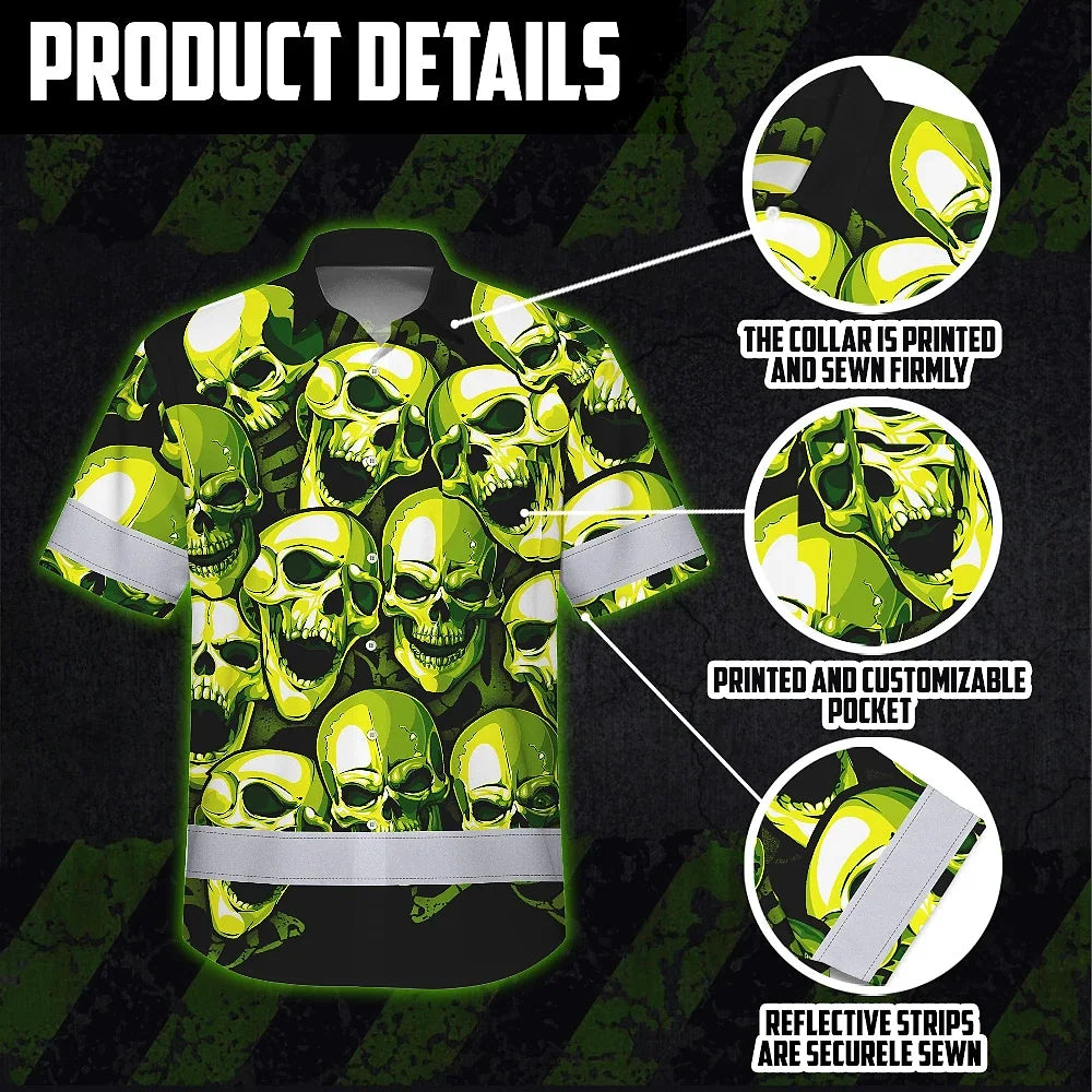 Hi Vis Hawaiian Shirt Reflective Green Neon Skull Custom Name