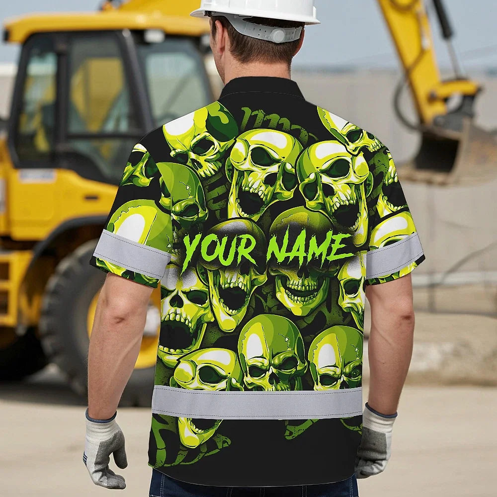 Hi Vis Hawaiian Shirt Reflective Green Neon Skull Custom Name