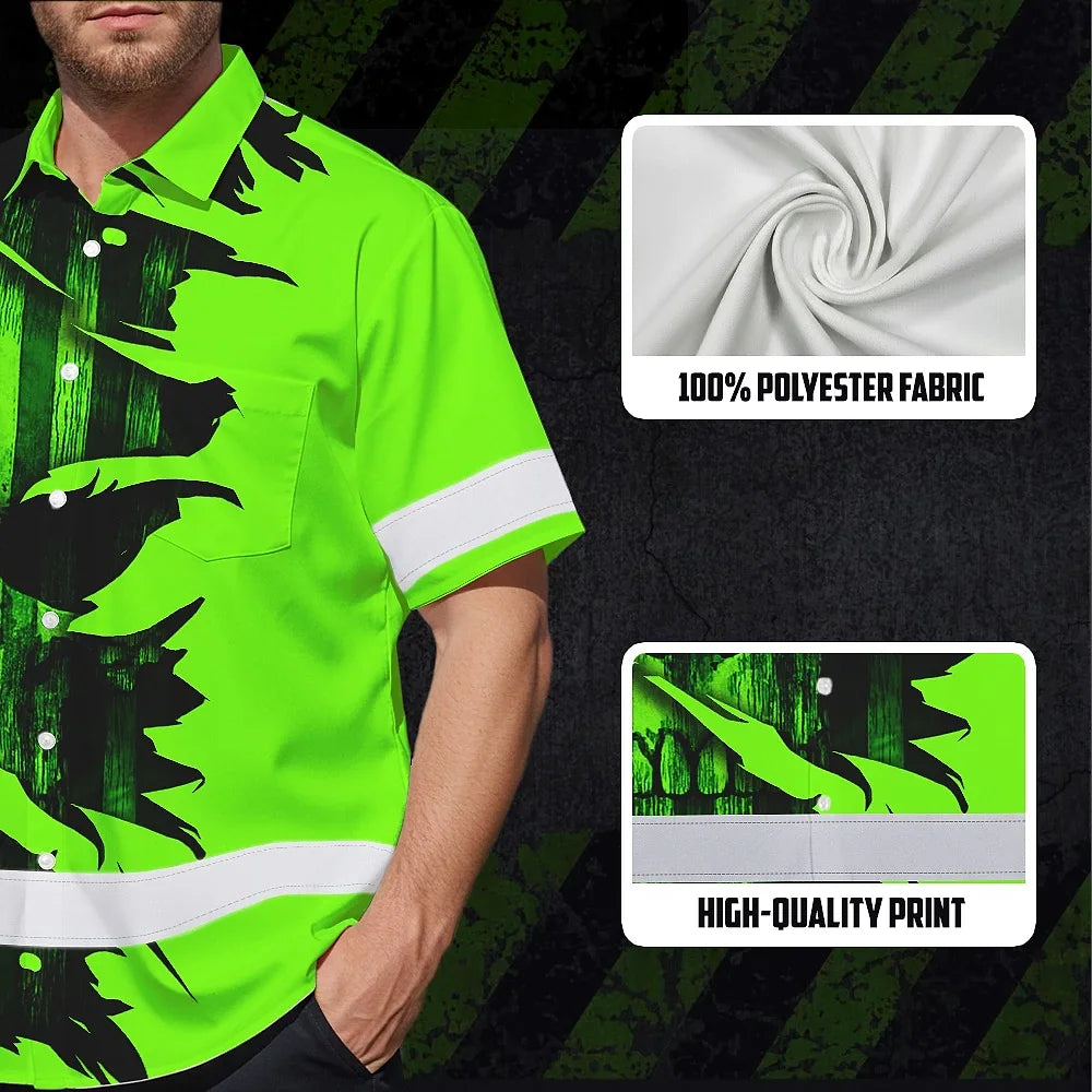 Hi Vis Hawaiian Shirt Reflective Green Neon Skull US Flag Scratch Custom Name Safety