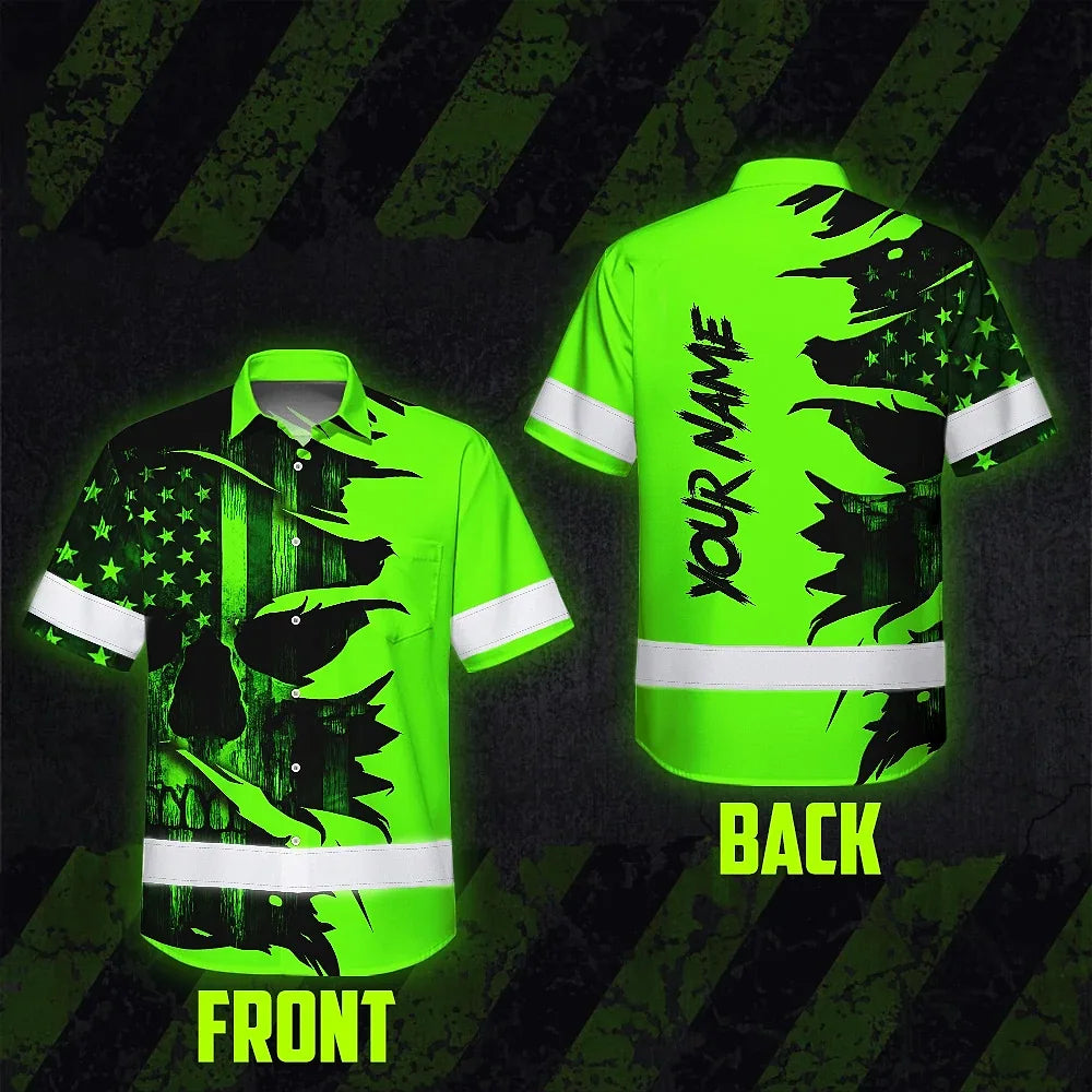 Hi Vis Hawaiian Shirt Reflective Green Neon Skull US Flag Scratch Custom Name Safety