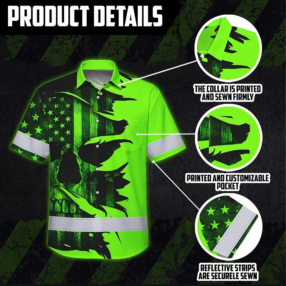 Hi Vis Hawaiian Shirt Reflective Green Neon Skull US Flag Scratch Custom Name Safety