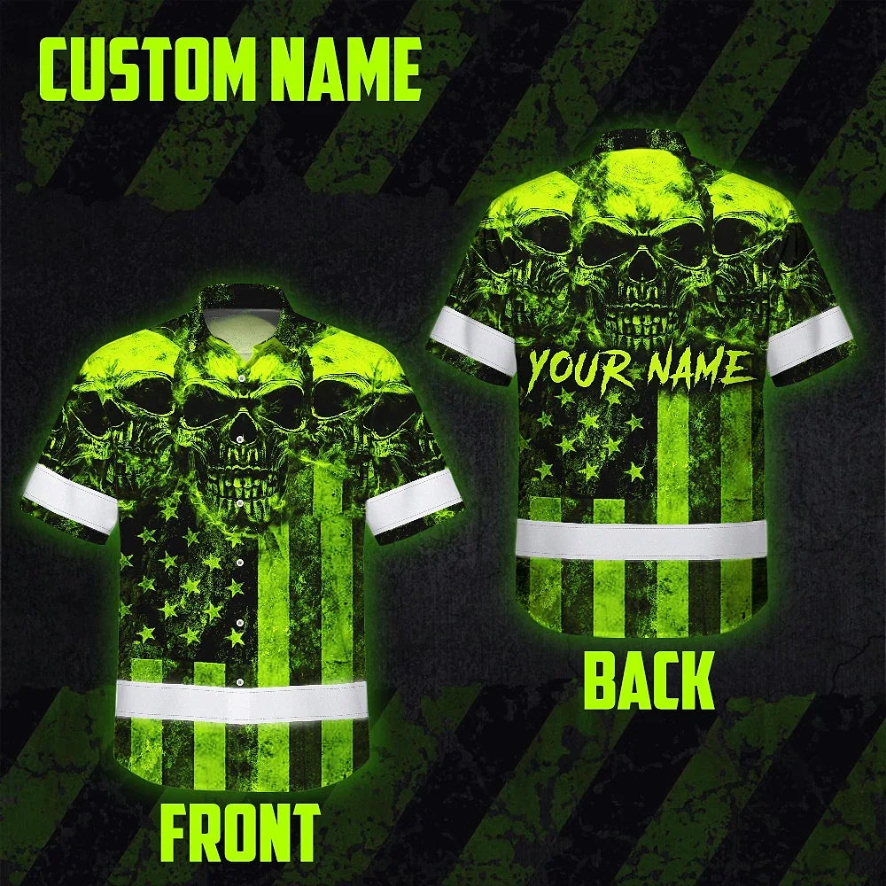 Hi Vis Hawaiian Shirt Reflective Green Skull US Flag Custom Name Safety Workwear