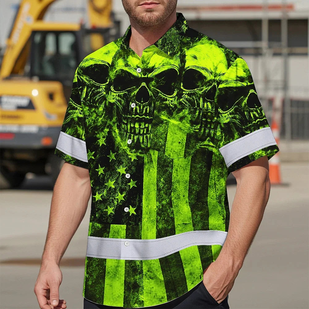 Hi Vis Hawaiian Shirt Reflective Green Skull US Flag Custom Name Safety Workwear
