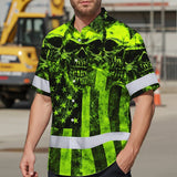 Hi Vis Hawaiian Shirt Reflective Green Skull US Flag Custom Name Safety Workwear