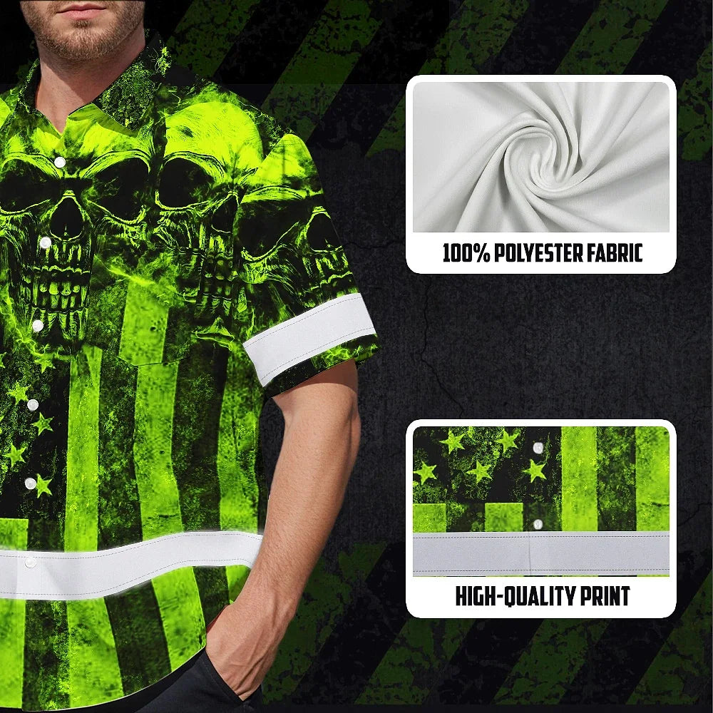 Hi Vis Hawaiian Shirt Reflective Green Skull US Flag Custom Name Safety Workwear