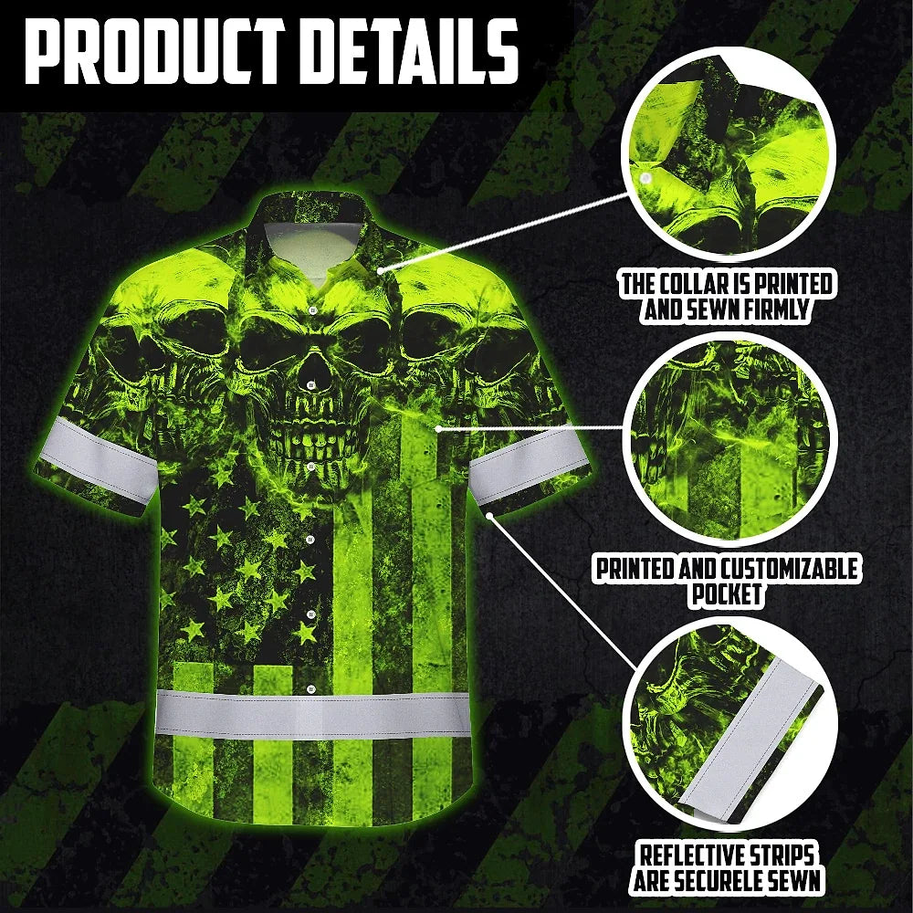 Hi Vis Hawaiian Shirt Reflective Green Skull US Flag Custom Name Safety Workwear