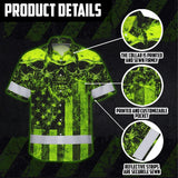 Hi Vis Hawaiian Shirt Reflective Green Skull US Flag Custom Name Safety Workwear