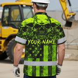 Hi Vis Hawaiian Shirt Reflective Green Skull US Flag Custom Name Safety Workwear
