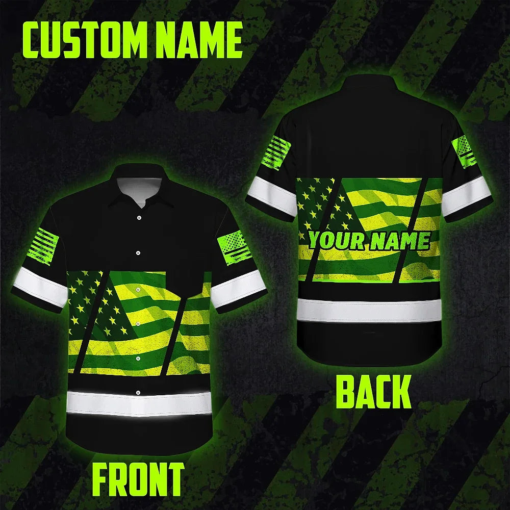 Hi Vis Hawaiian Shirt Reflective Green USA Flag Custom Name Safety Workwear