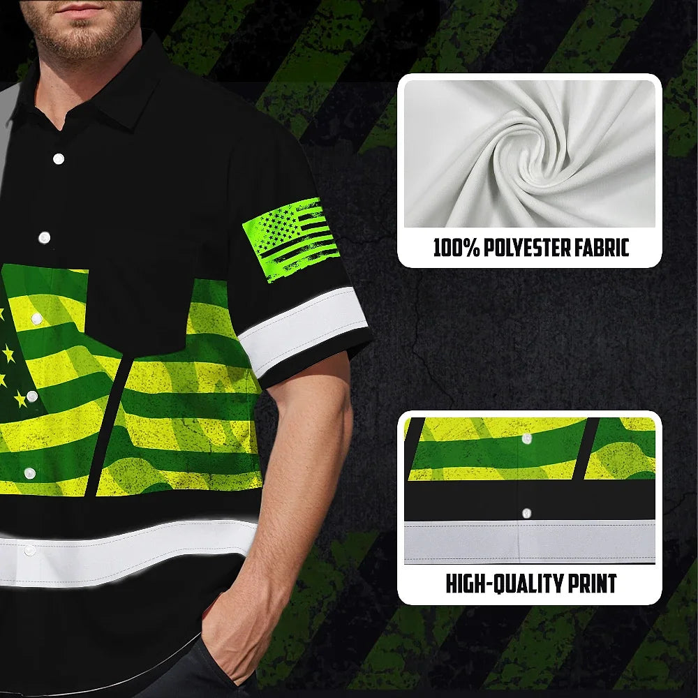 Hi Vis Hawaiian Shirt Reflective Green USA Flag Custom Name Safety Workwear