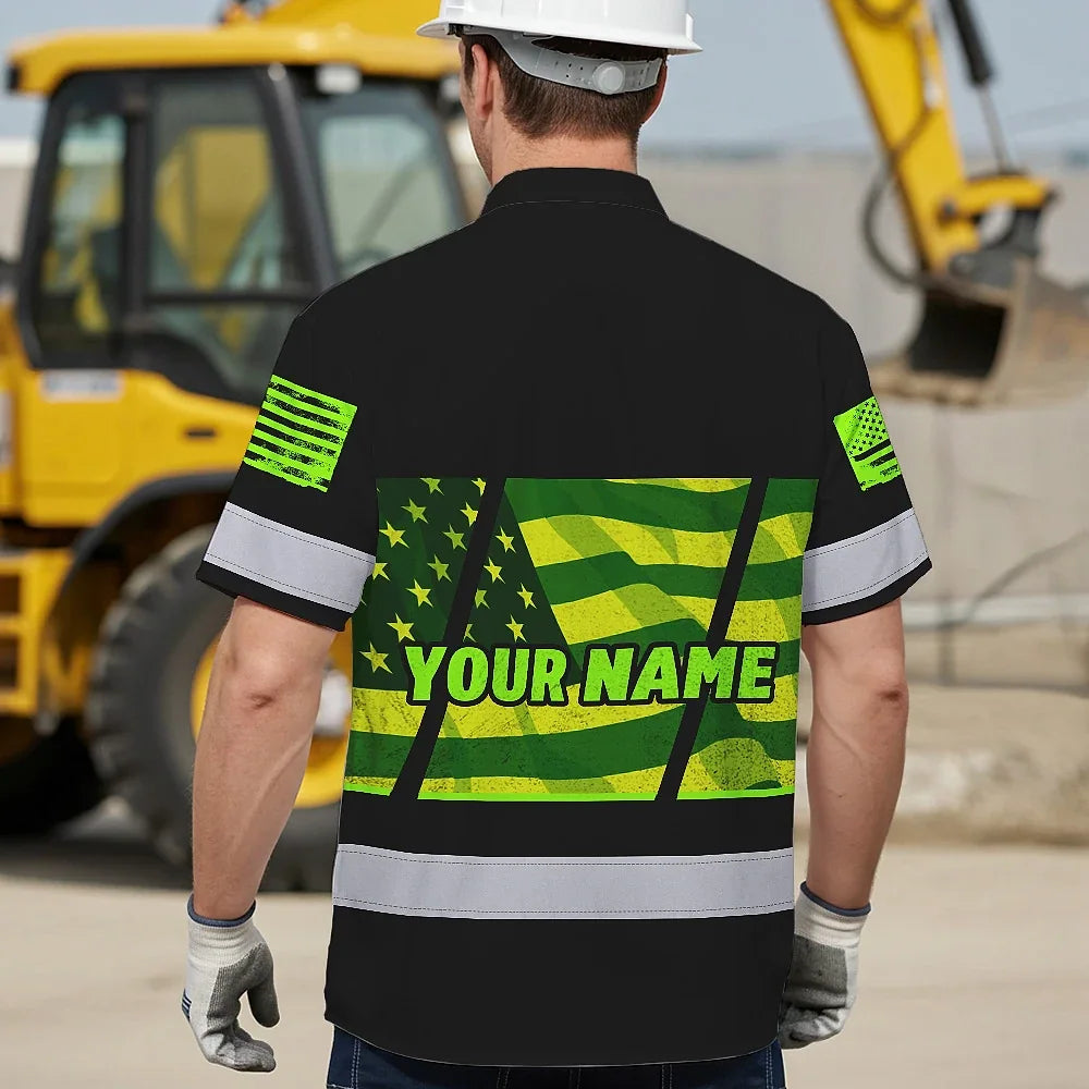 Hi Vis Hawaiian Shirt Reflective Green USA Flag Custom Name Safety Workwear