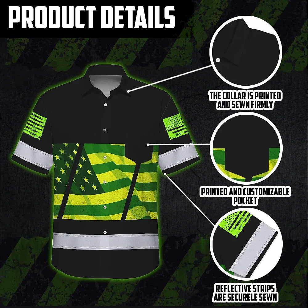 Hi Vis Hawaiian Shirt Reflective Green USA Flag Custom Name Safety Workwear