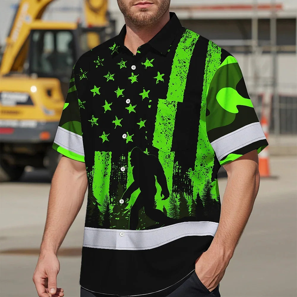 Hi Vis Hawaiian Shirt Reflective Green USA Flag With Gorillas Custom Name