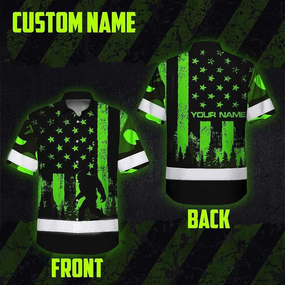 Hi Vis Hawaiian Shirt Reflective Green USA Flag With Gorillas Custom Name