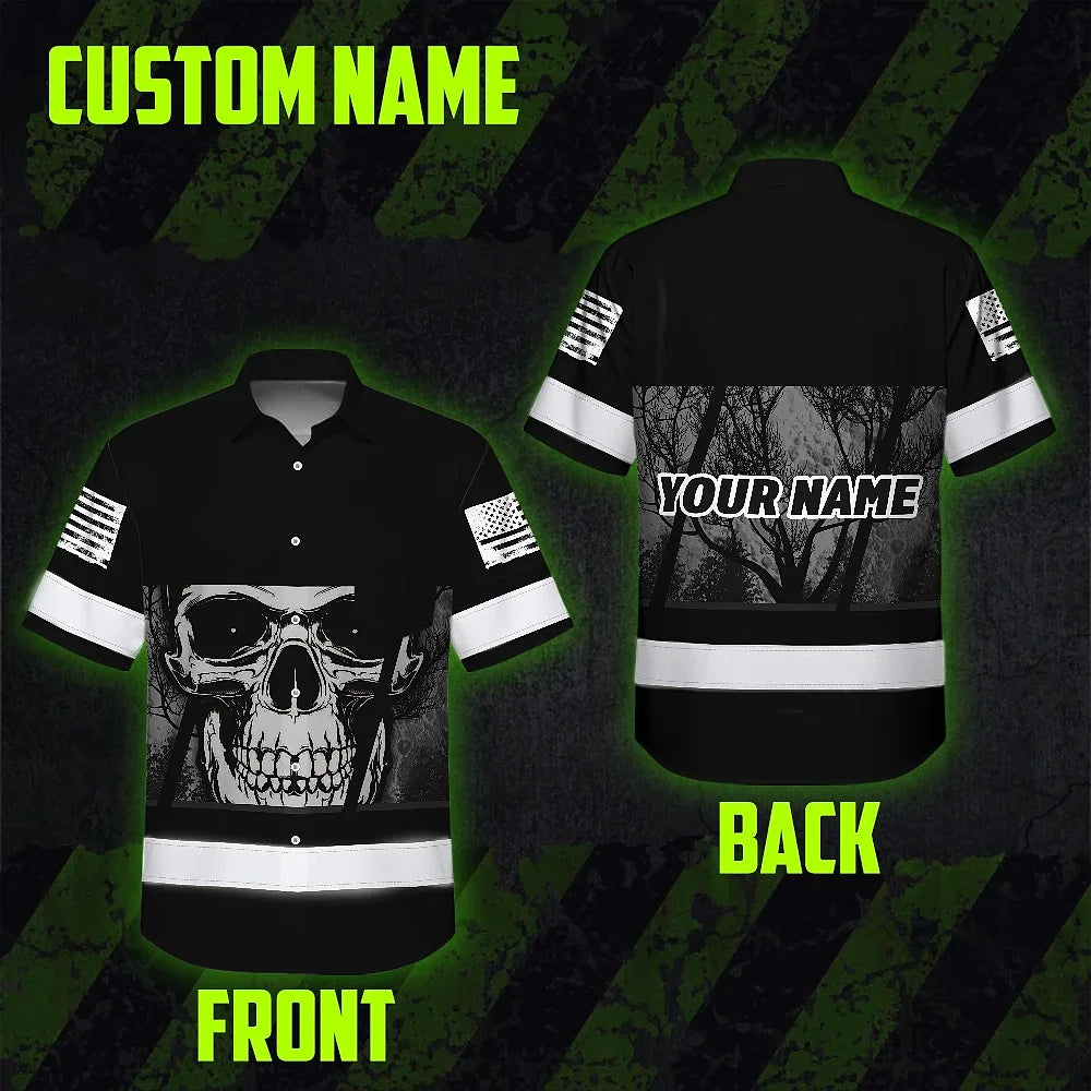 Hi Vis Hawaiian Shirt Reflective Grey Skull Custom Name Safety Workwear
