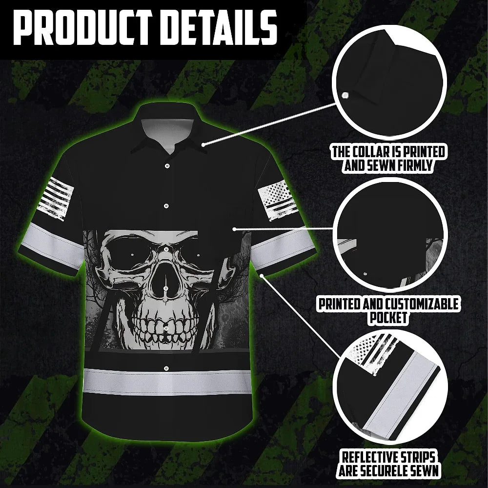 Hi Vis Hawaiian Shirt Reflective Grey Skull Custom Name Safety Workwear
