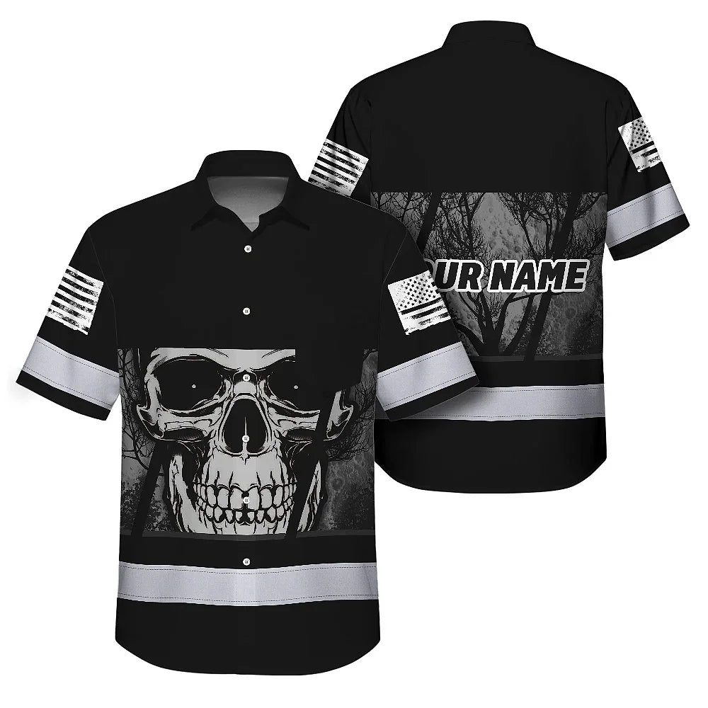 Hi Vis Hawaiian Shirt Reflective Grey Skull Custom Name Safety Workwear