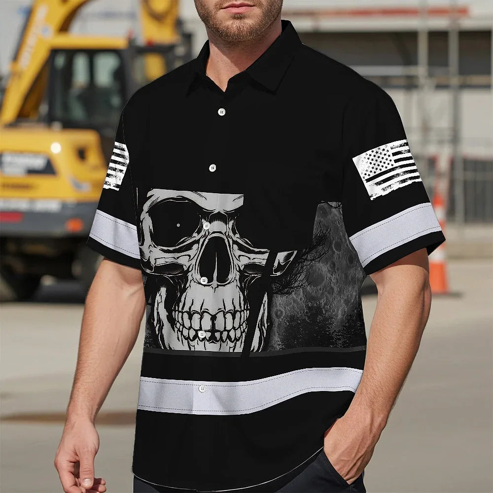 Hi Vis Hawaiian Shirt Reflective Grey Skull Custom Name Safety Workwear