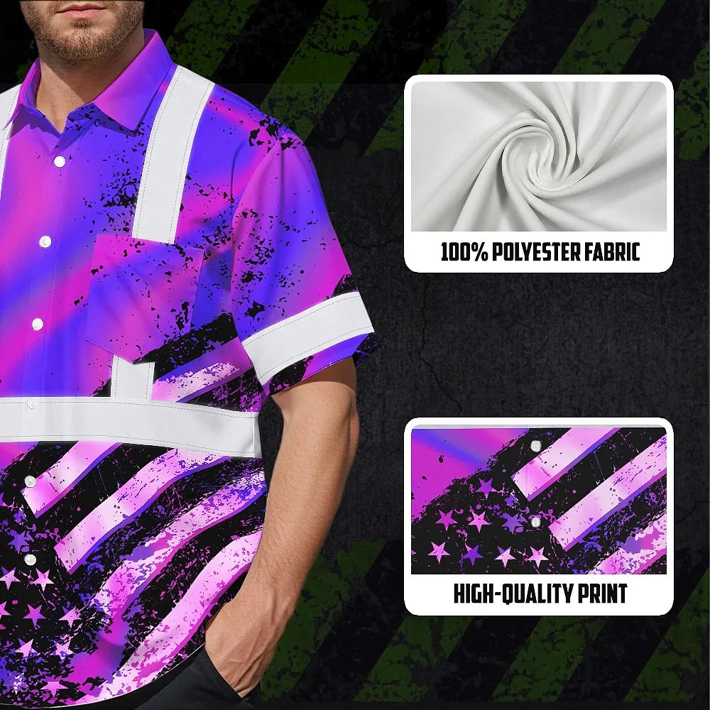 Hi Vis Hawaiian Shirt Reflective Hologram US Flag Paint Safety Workwear For Worker