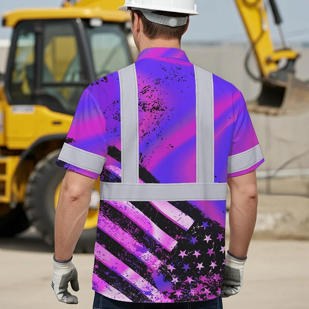 Hi Vis Hawaiian Shirt Reflective Hologram US Flag Paint Safety Workwear For Worker