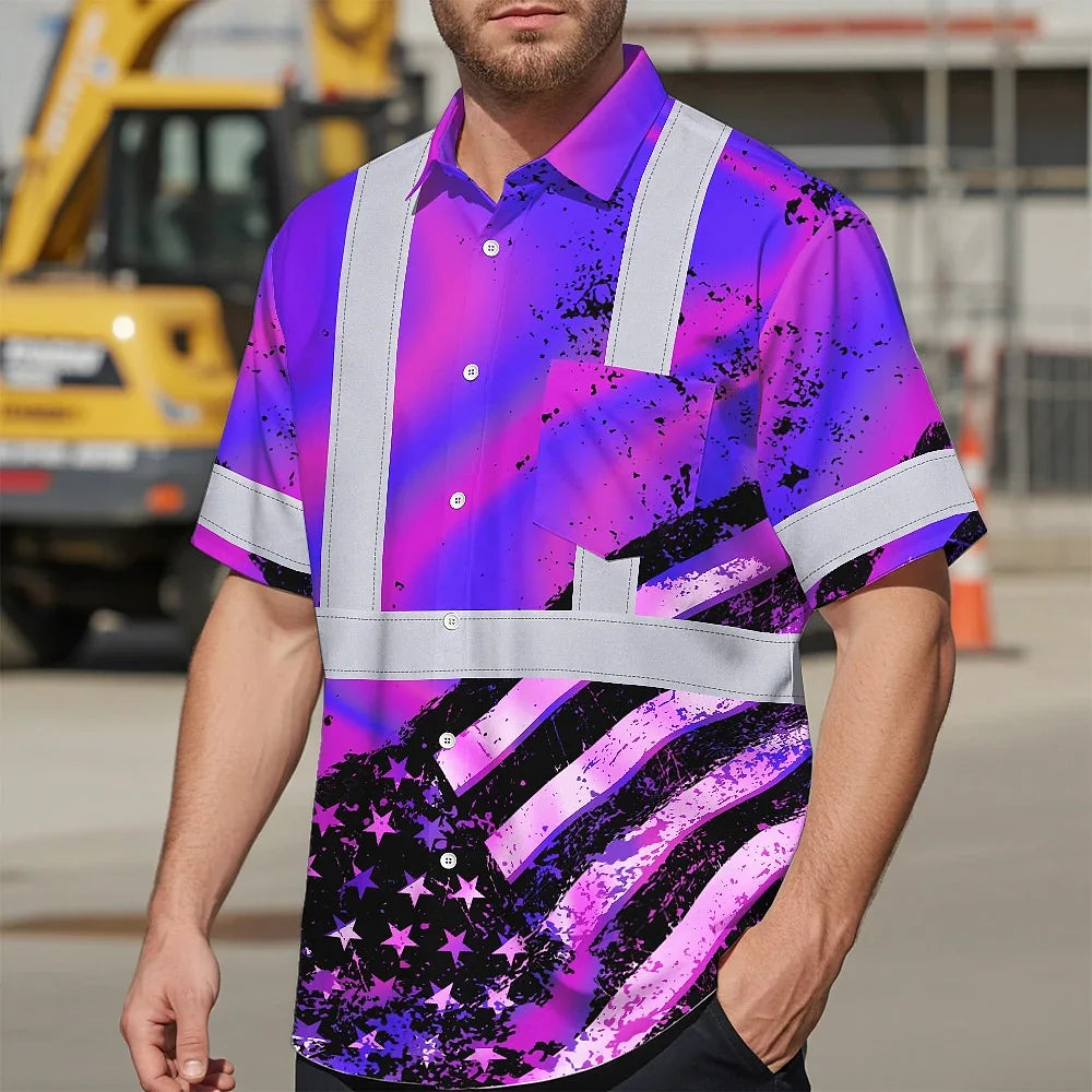 Hi Vis Hawaiian Shirt Reflective Hologram US Flag Paint Safety Workwear For Worker